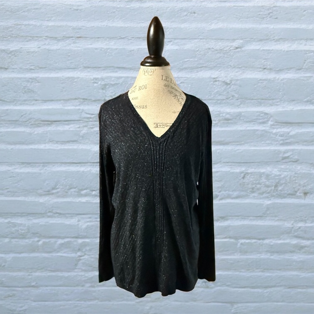 Apt. 9 Blue/Black Metallic Ribbed Long Sleeve V-Neck Top